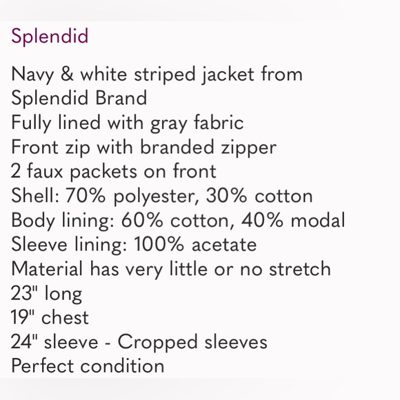 Splendid navy/cream wide strip, textured short blazer! Zip closure Size Medium - Picture 16 of 17